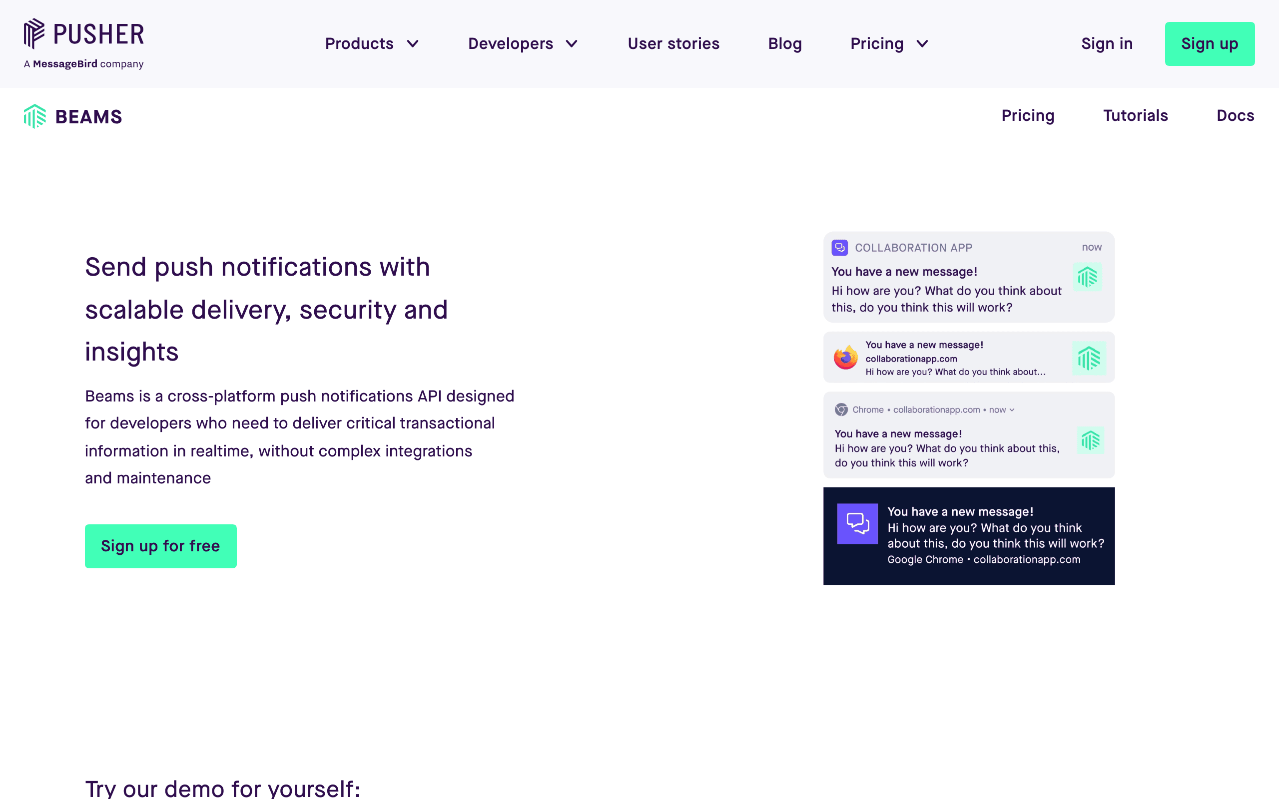 Pusher Beams landing page screenshot