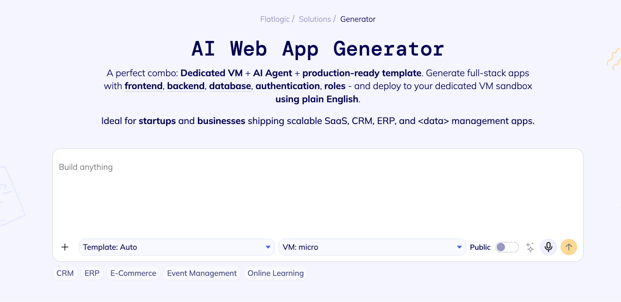 Flatlogic AI web app generator interface for building SaaS admin panels